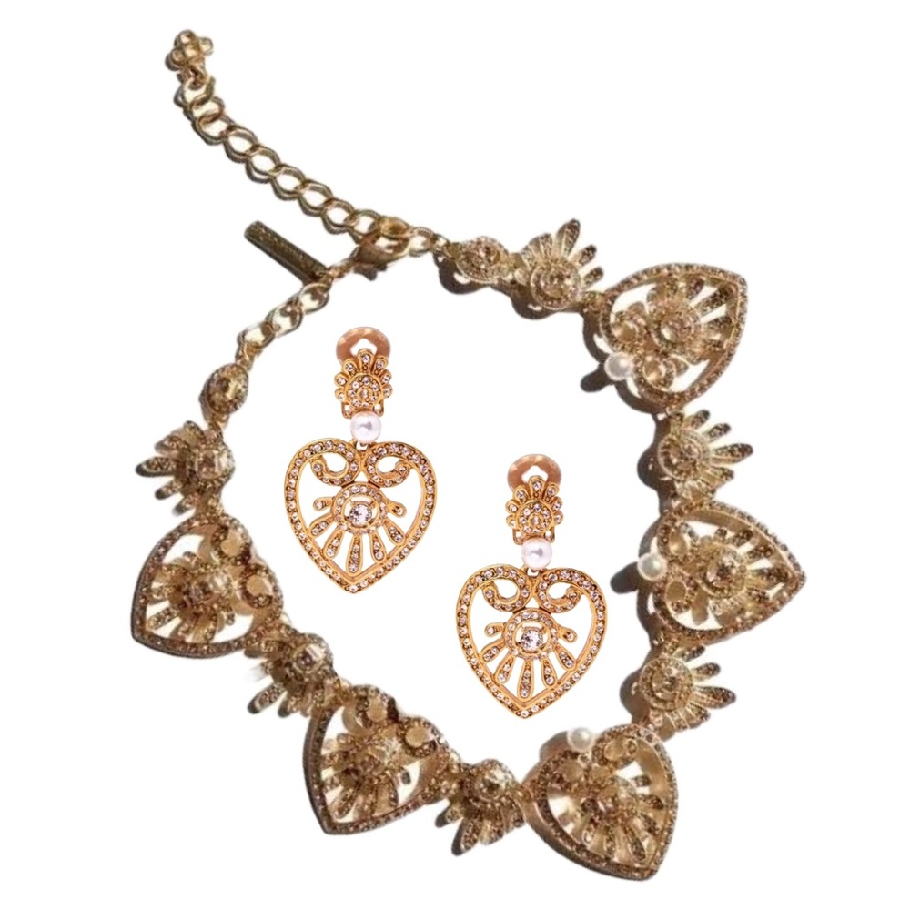 Oscar de la Renta Jewelry Set Crystal Heart Necklace & Earrings Clip